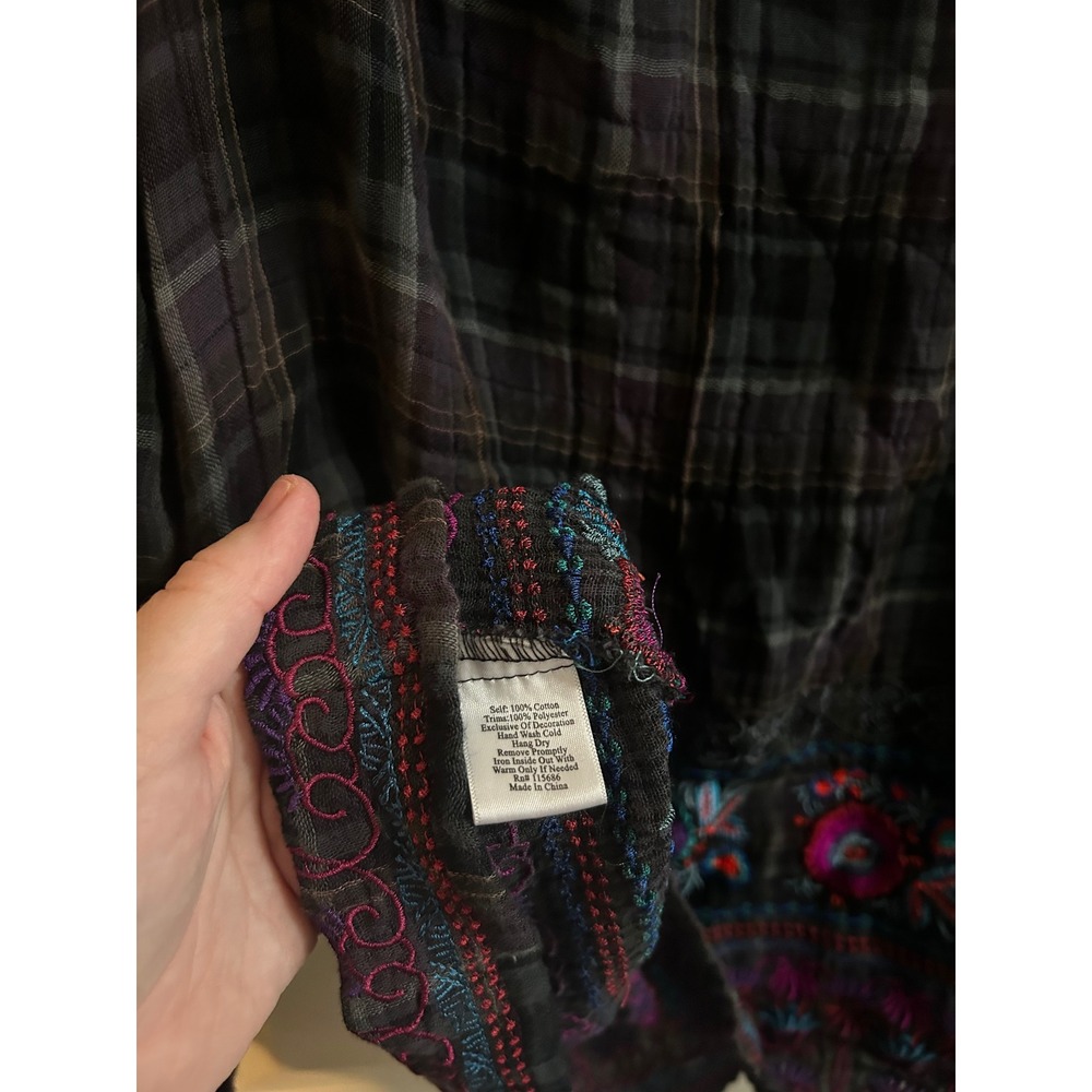 3J Workshop Johnny Was Plaid Embroidered Boho Peasant Blouse Tassels Gray M - Picture 7 of 10